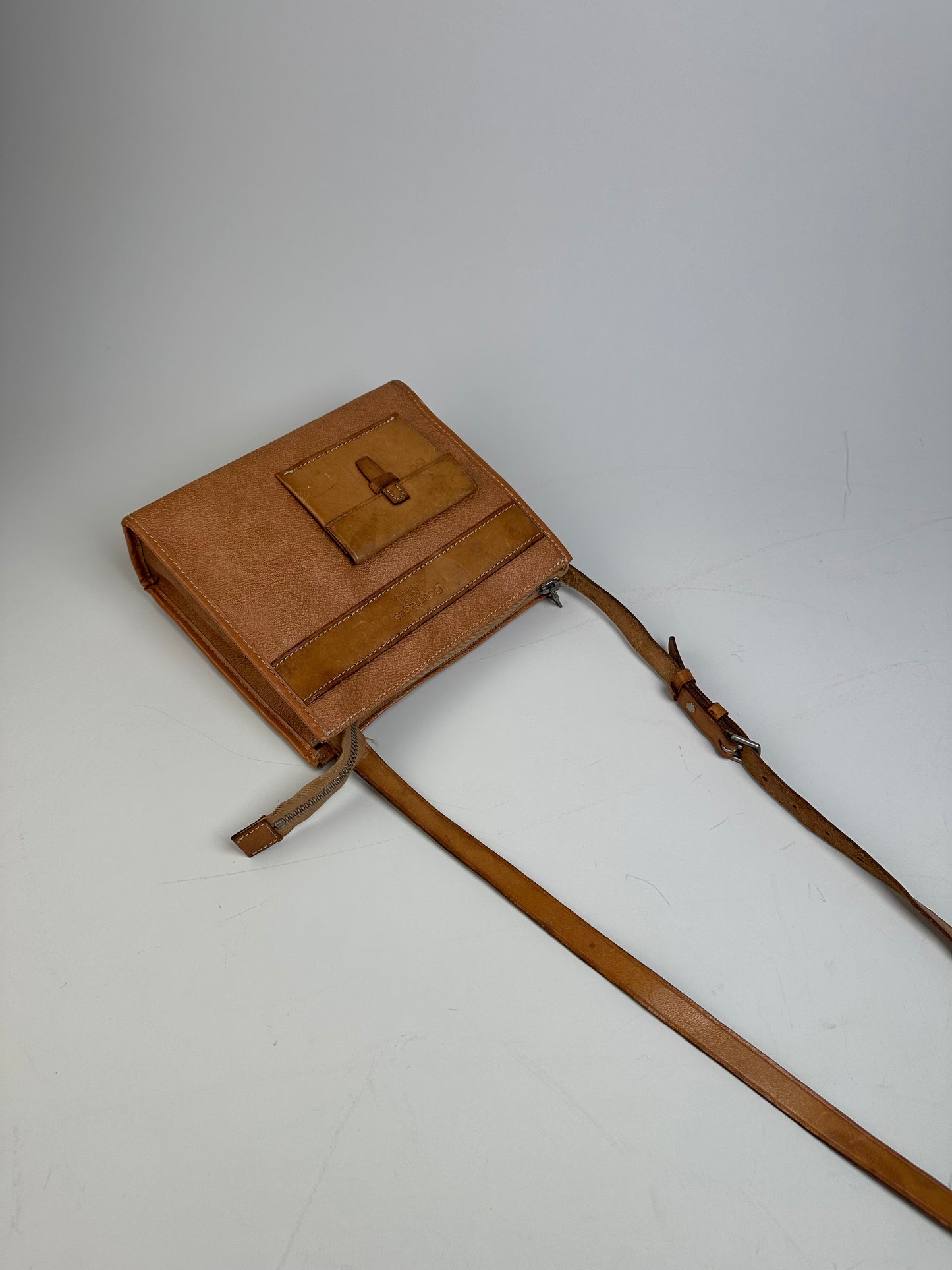 Vintage Courreges Leather Crossbody Bag Tan Light Brown Gold