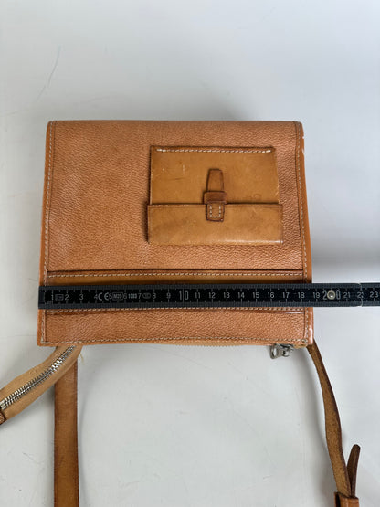 Vintage Courreges Leather Crossbody Bag Tan Light Brown Gold
