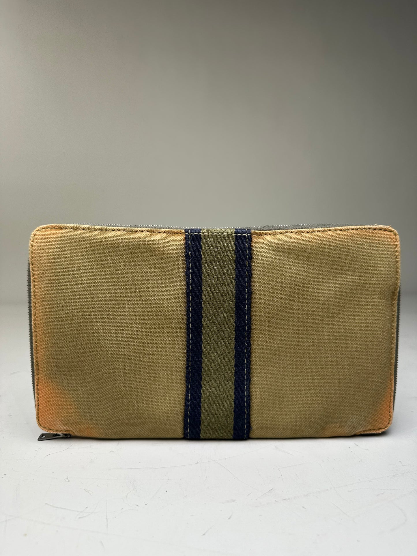 Vintage Hermes Canvas Zip Wallet Khaki Navy Silver