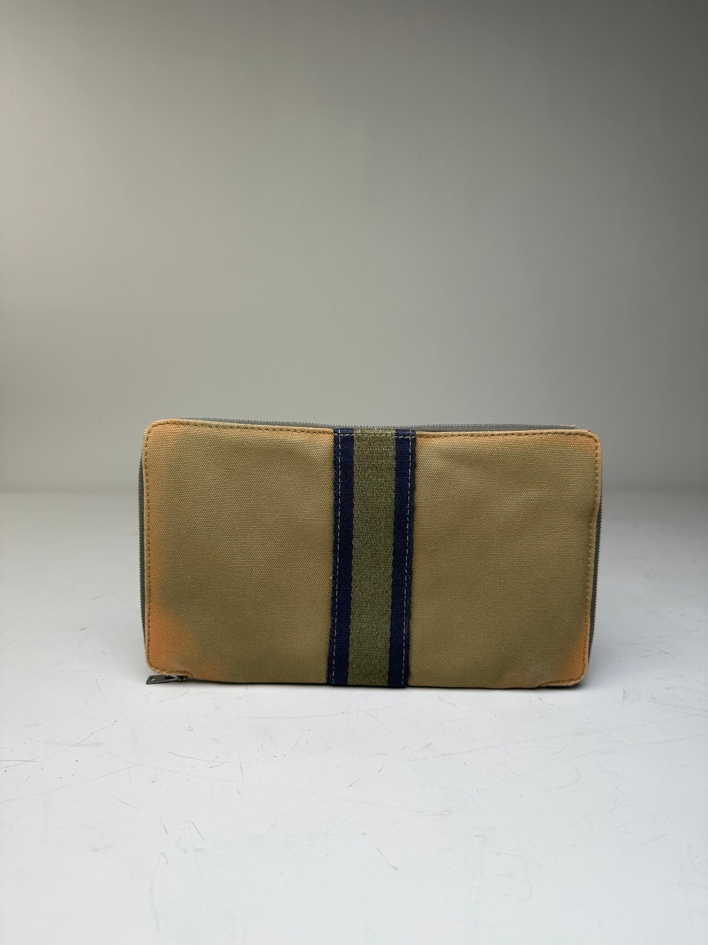 Vintage Hermes Canvas Zip Wallet Khaki Navy Silver