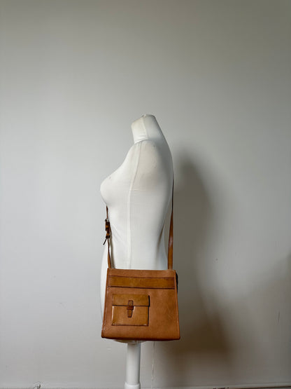Vintage Courreges Leather Crossbody Bag Tan Light Brown Gold