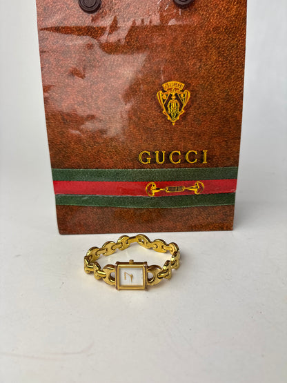 Vintage Gucci Gold Plated Bracelet Quartz Watch Gold White