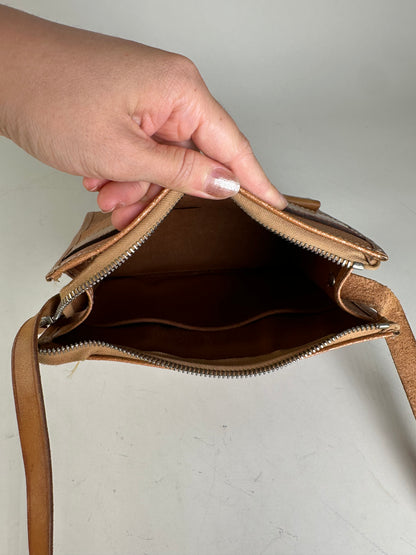 Vintage Courreges Leather Crossbody Bag Tan Light Brown Gold
