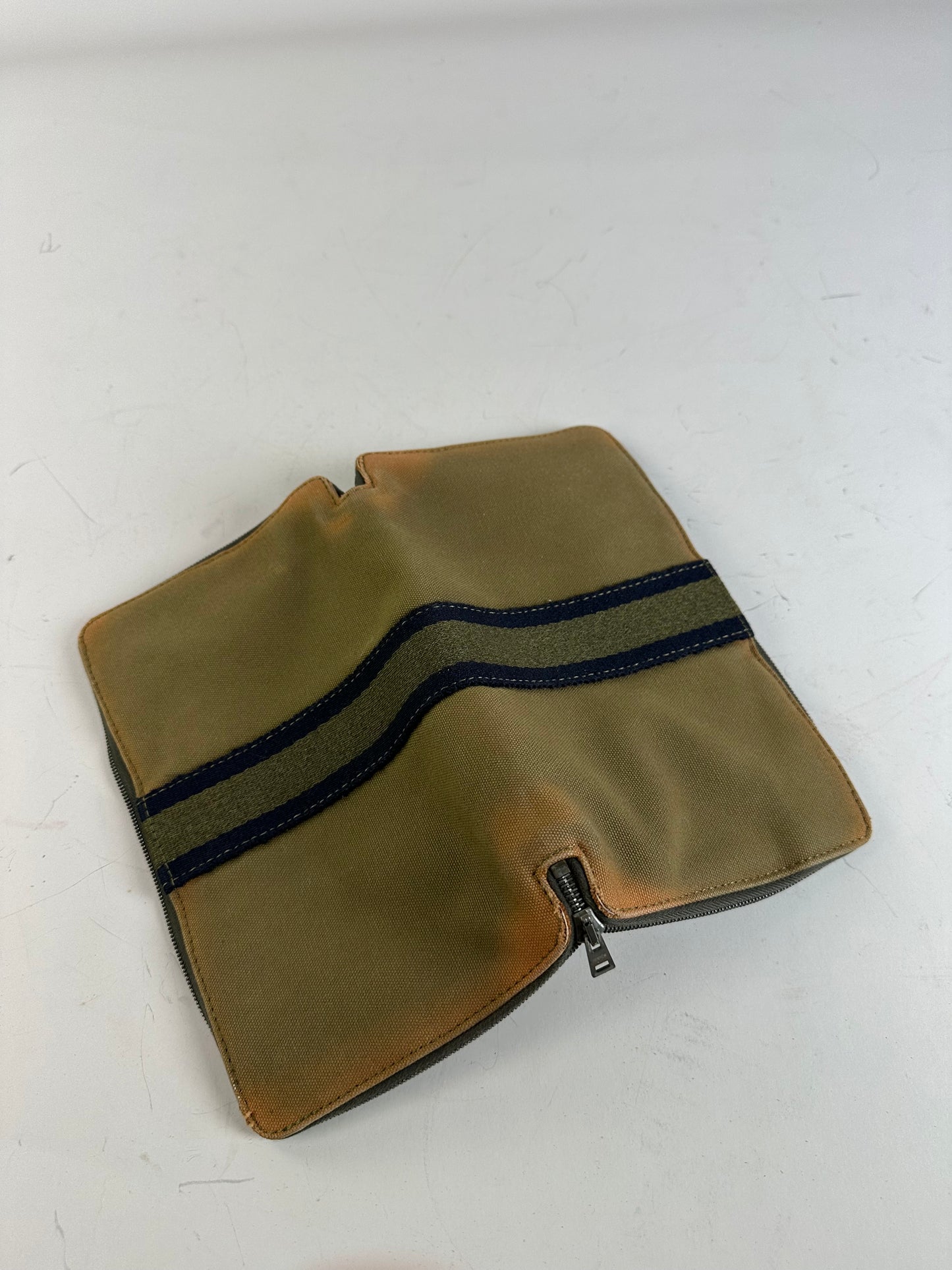 Vintage Hermes Canvas Zip Wallet Khaki Navy Silver
