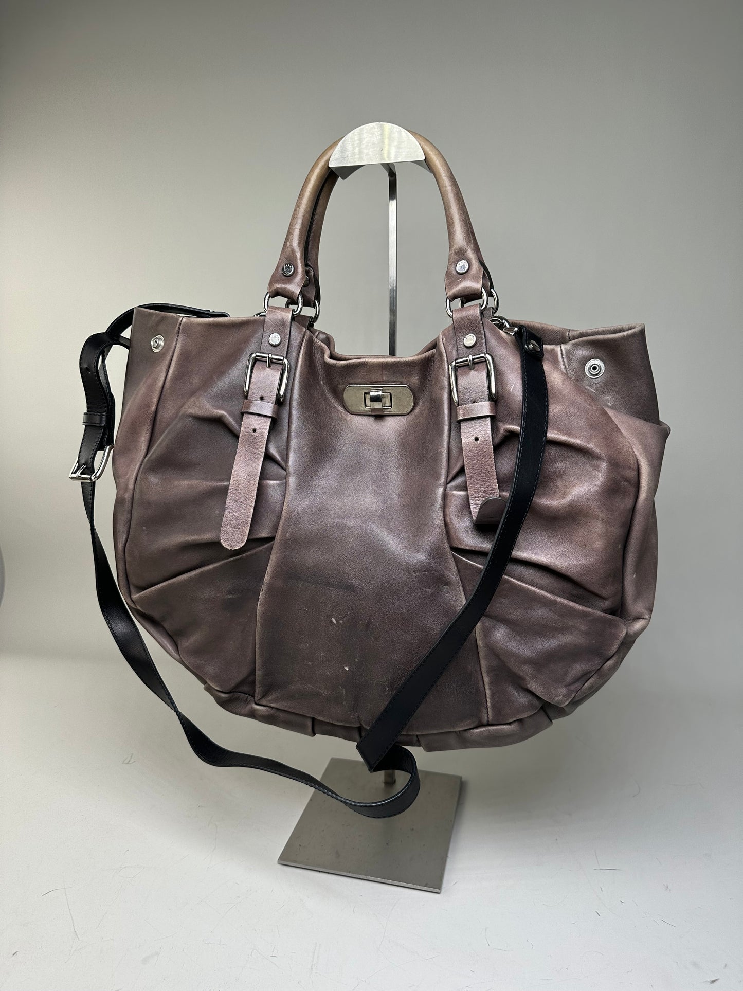 Vintage Marni Grained Leather Shoulder Bag Dark Brown Silver