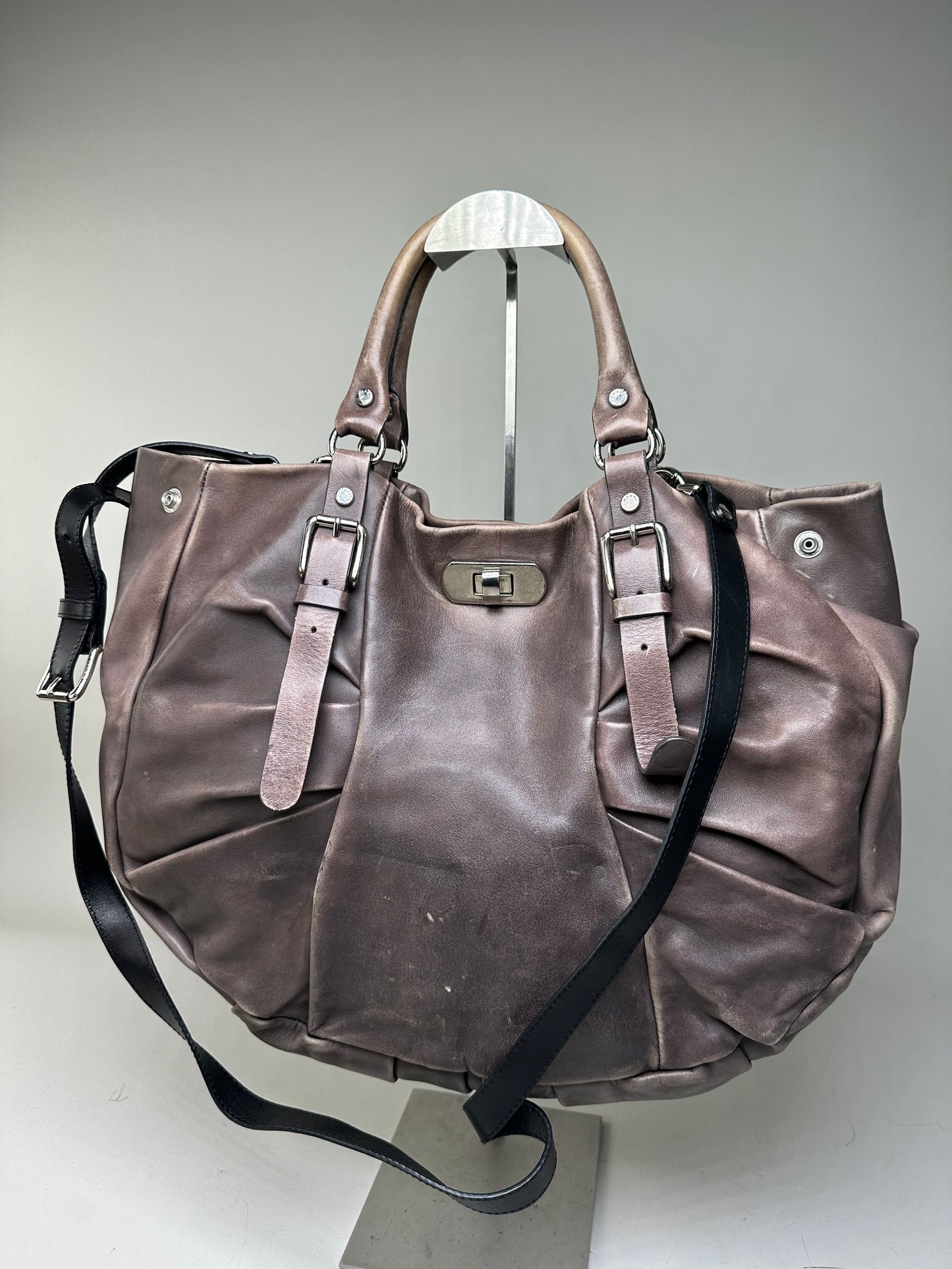 Vintage Marni Grained Leather Shoulder Bag Dark Brown Silver