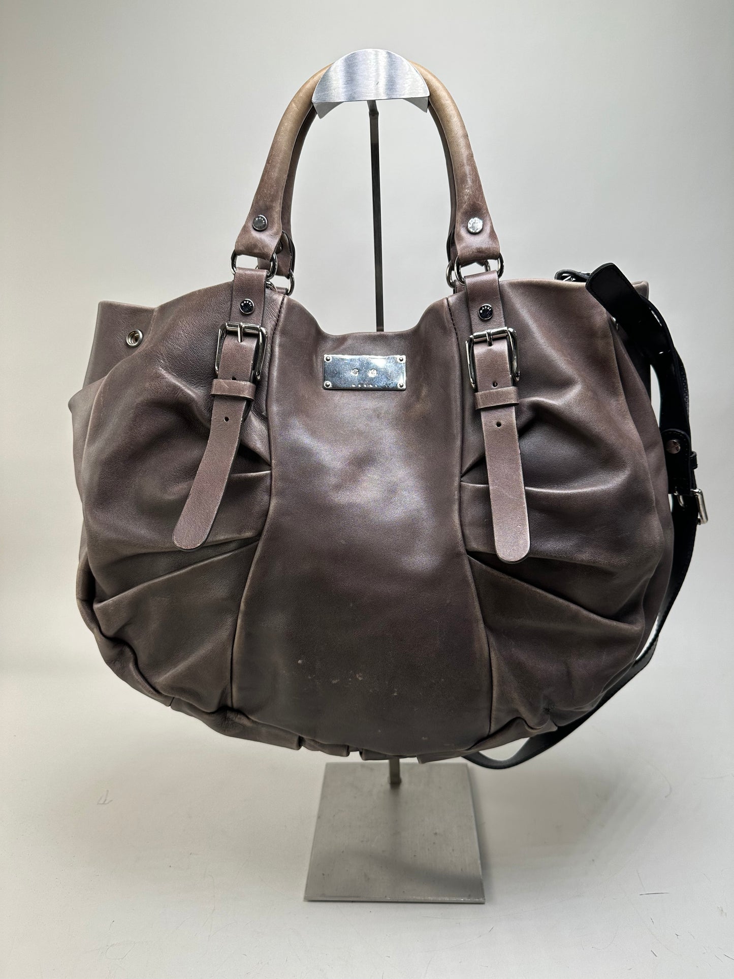 Vintage Marni Grained Leather Shoulder Bag Dark Brown Silver