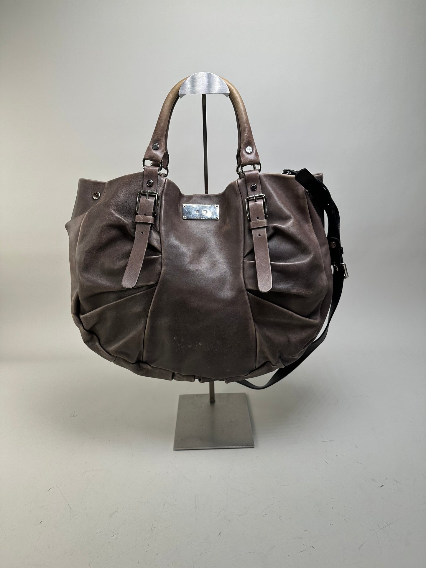Vintage Marni Grained Leather Shoulder Bag Dark Brown Silver