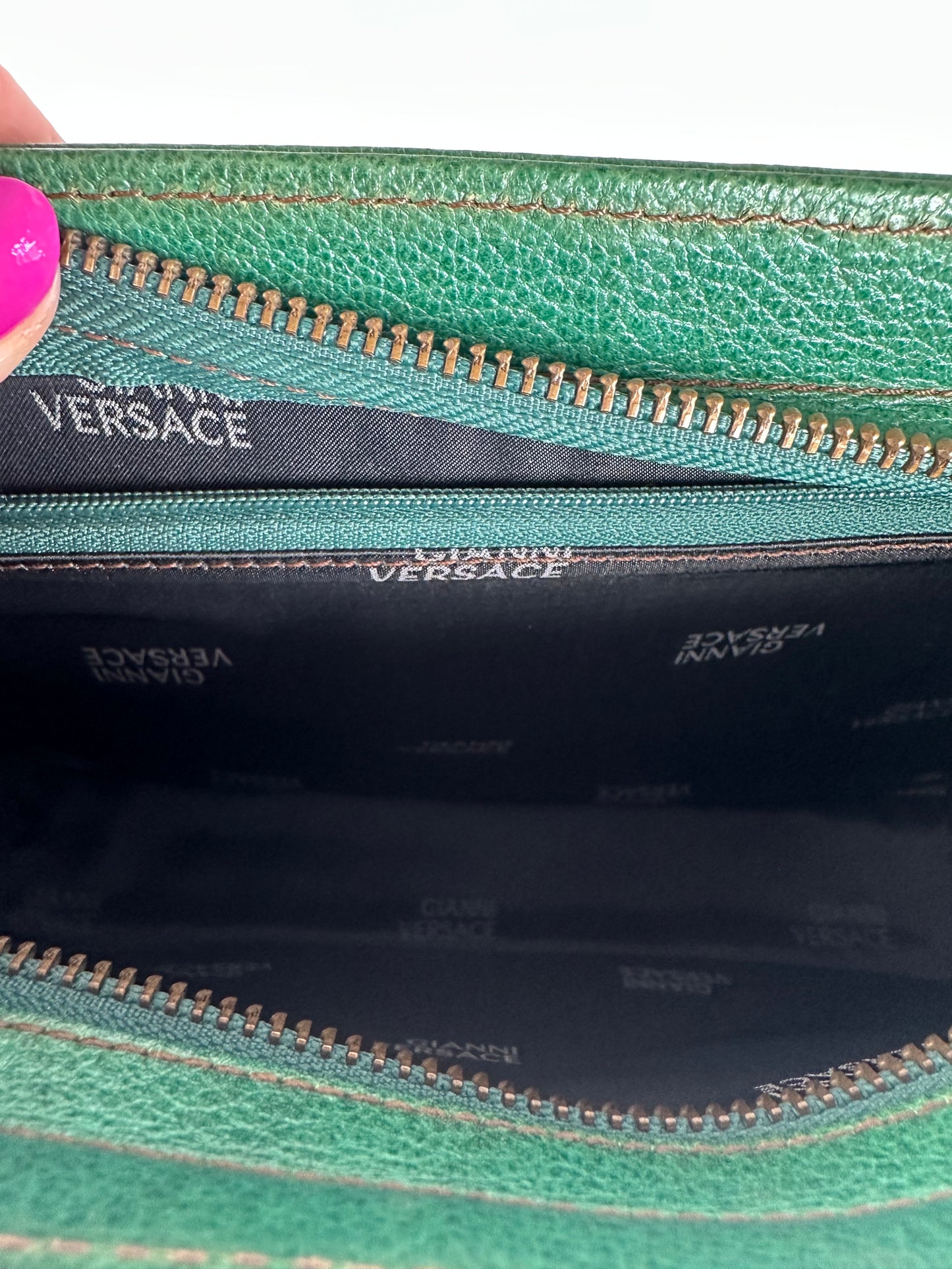 Vintage Gianni Versace Grained Leather Wristlet Pouch Green