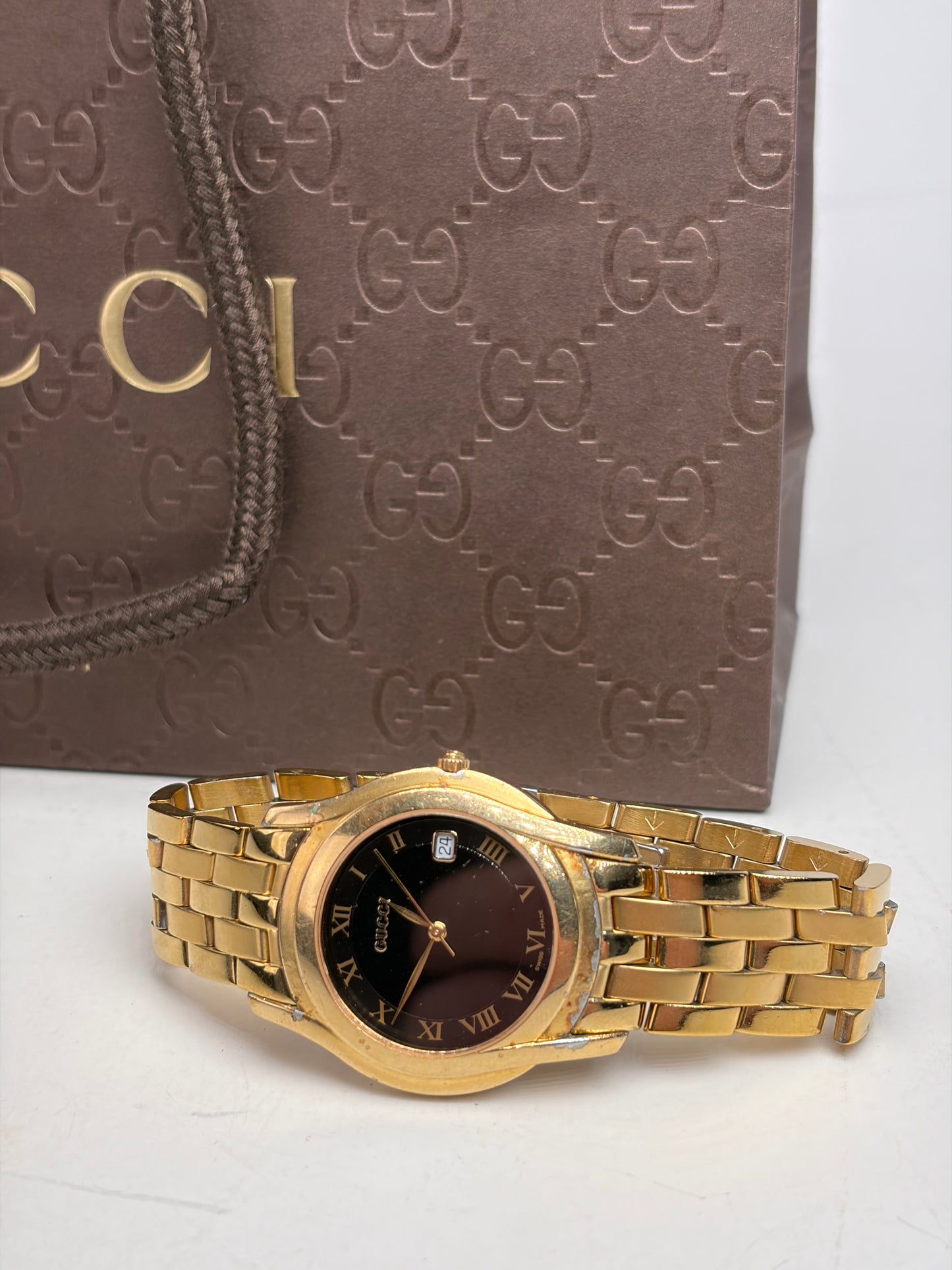Vintage Gucci Stainless Steel Bracelet Watch Gold Black