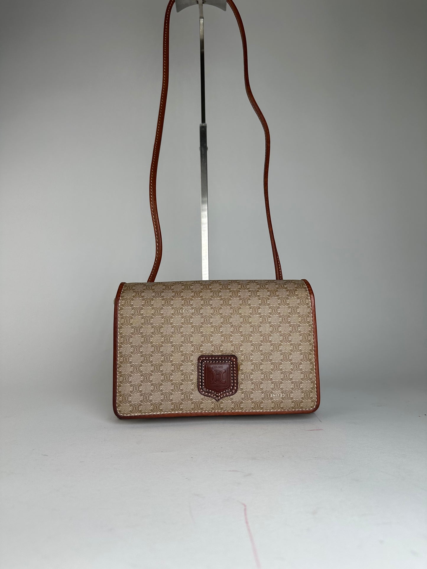 Vintage Celine Triomphe Monogram Coated Canvas Shoulder Bag Beige Tan