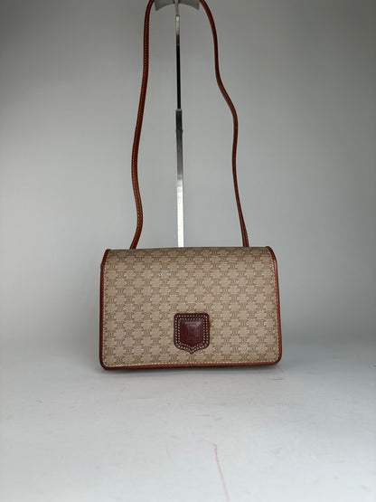 Vintage Celine Triomphe Monogram Coated Canvas Shoulder Bag Beige Tan