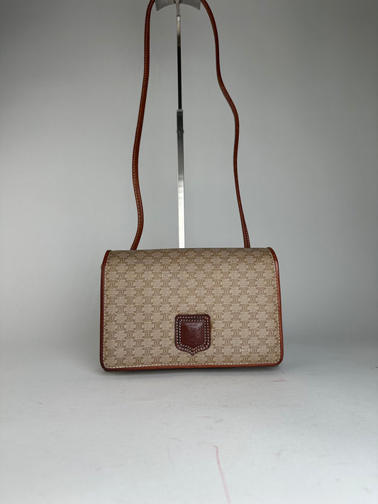 Vintage Celine Triomphe Monogram Coated Canvas Shoulder Bag Beige Tan