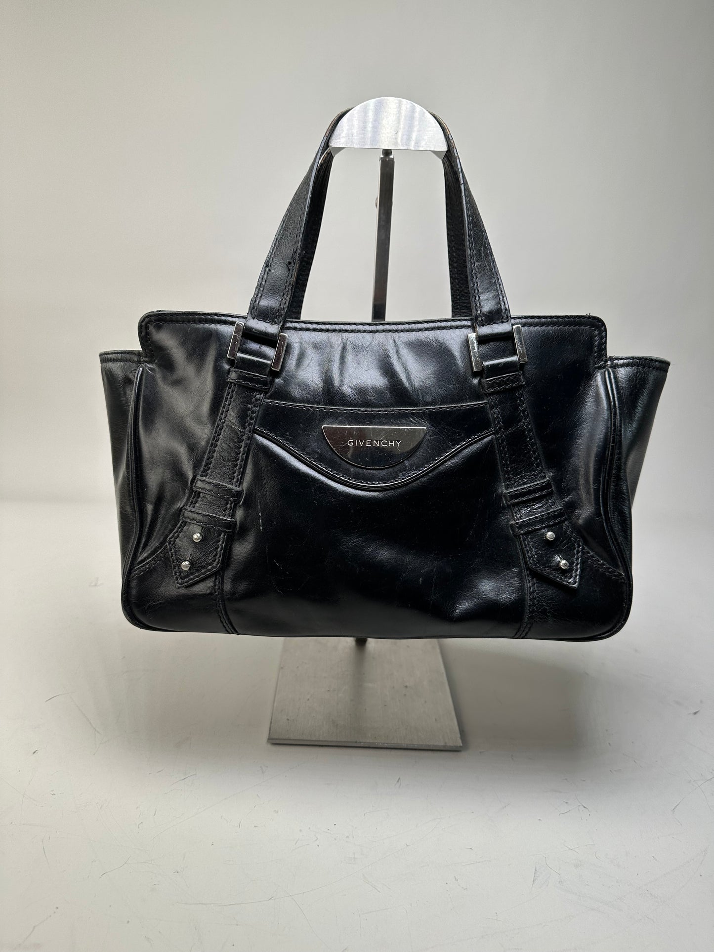 Vintage Givenchy Leather Tote Bag Black Silver