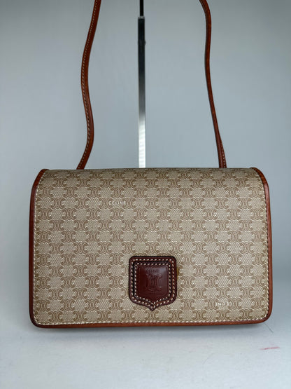 Vintage Celine Triomphe Monogram Coated Canvas Shoulder Bag Beige Tan