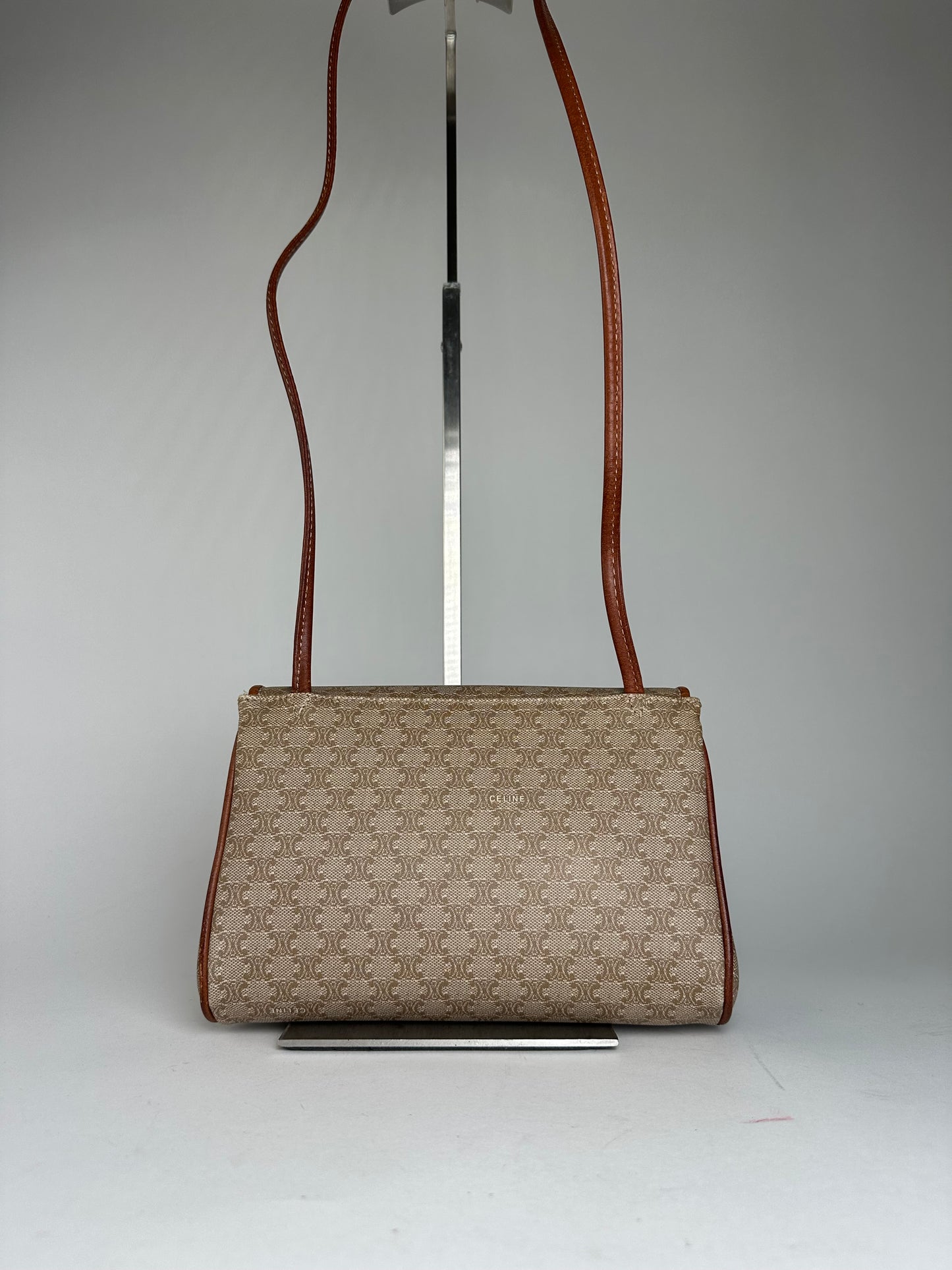 Vintage Celine Triomphe Monogram Coated Canvas Shoulder Bag Beige Tan