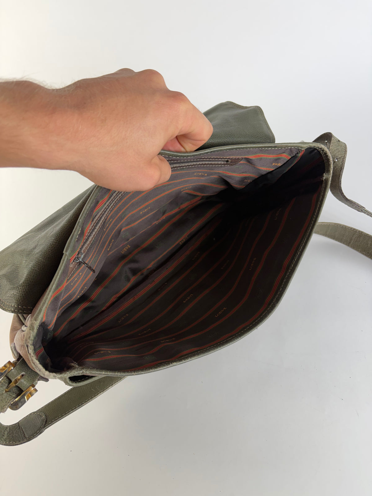 Vintage Loewe Grained Leather Flap Crossbody Bag Late 1980s Green Brown
