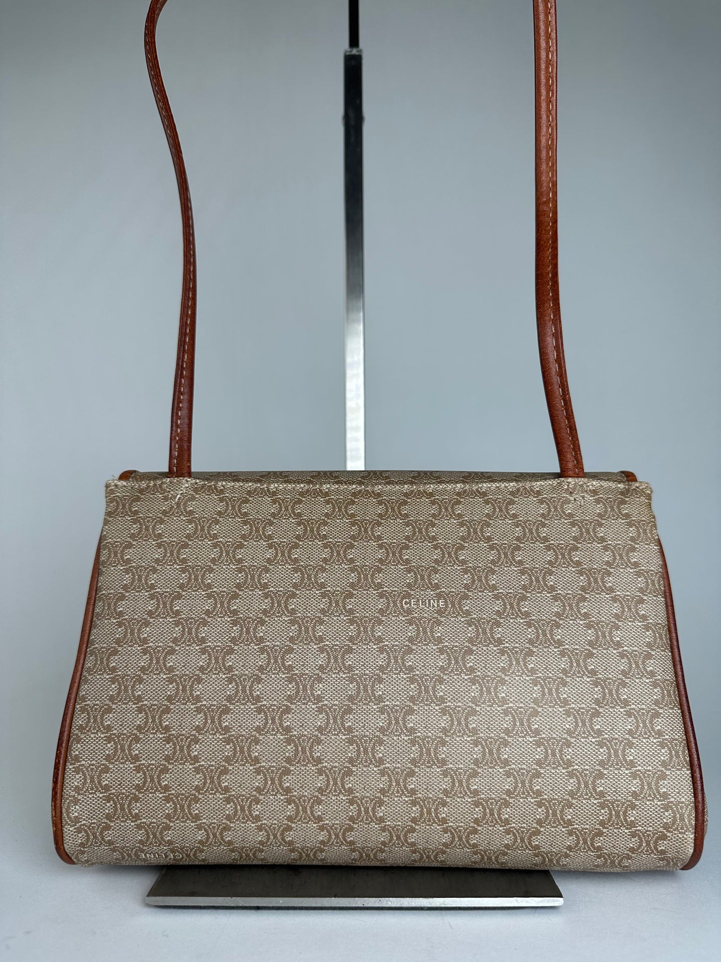 Vintage Celine Triomphe Monogram Coated Canvas Shoulder Bag Beige Tan