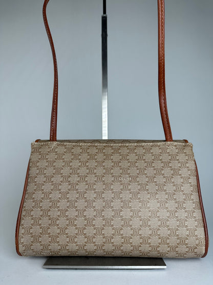 Vintage Celine Triomphe Monogram Coated Canvas Shoulder Bag Beige Tan