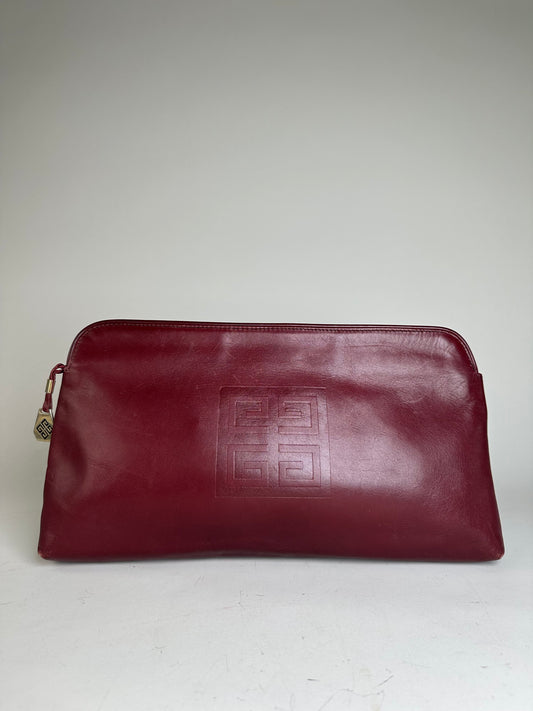 Vintage Givenchy Leather Clutch Bag Burgundy Gold