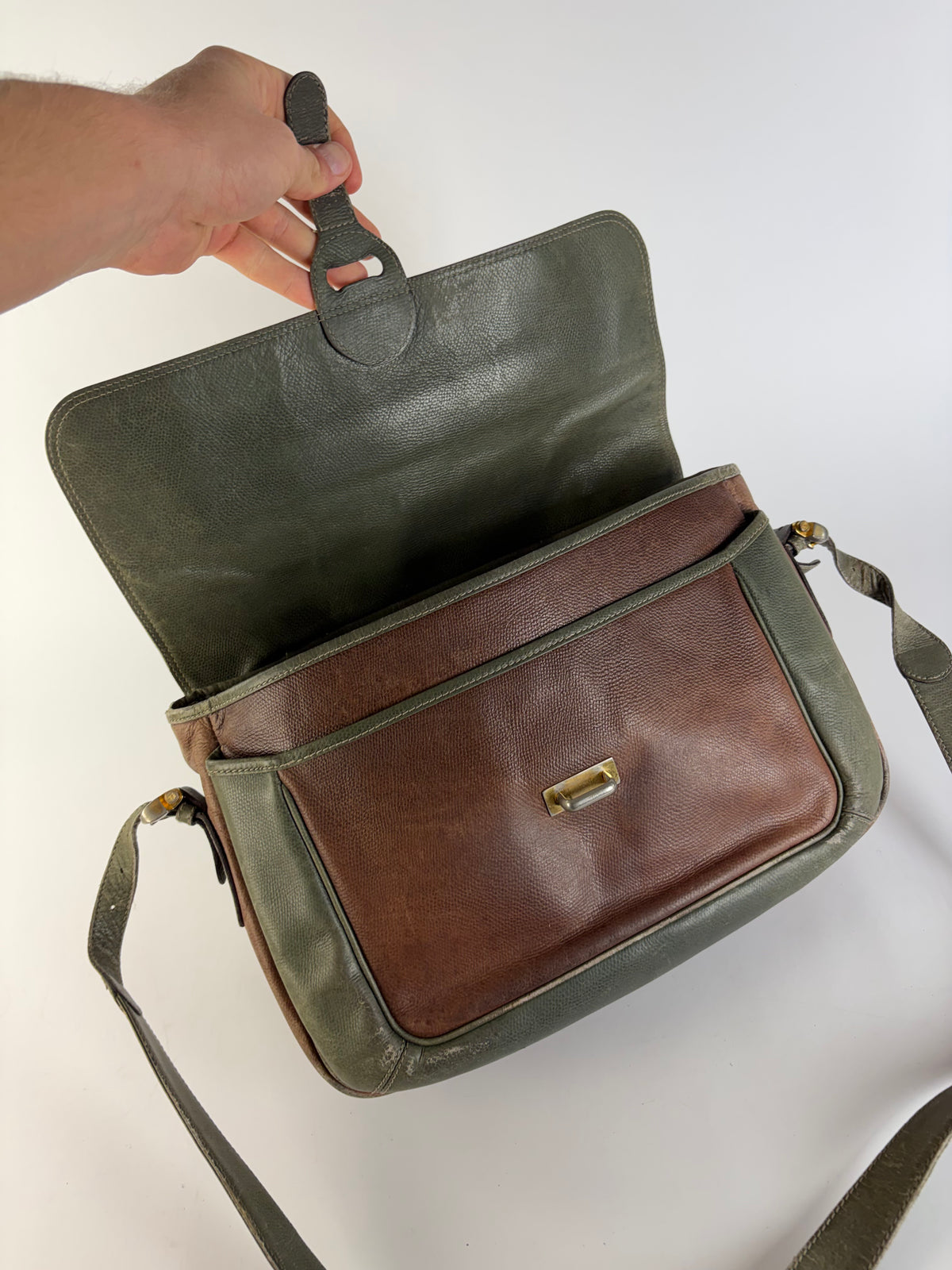 Vintage Loewe Grained Leather Flap Crossbody Bag Late 1980s Green Brown