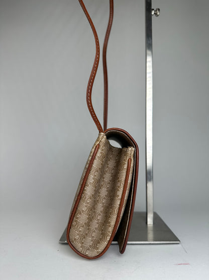 Vintage Celine Triomphe Monogram Coated Canvas Shoulder Bag Beige Tan