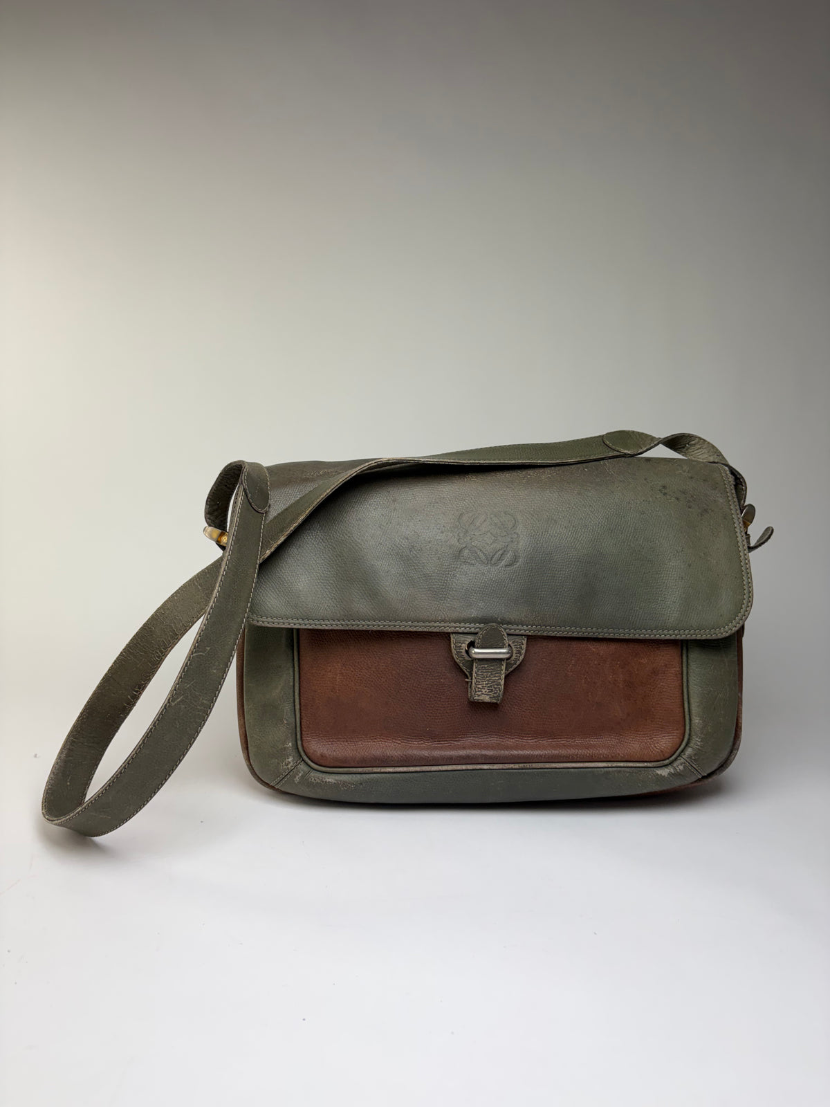 Vintage Loewe Grained Leather Flap Crossbody Bag Late 1980s Green Brown