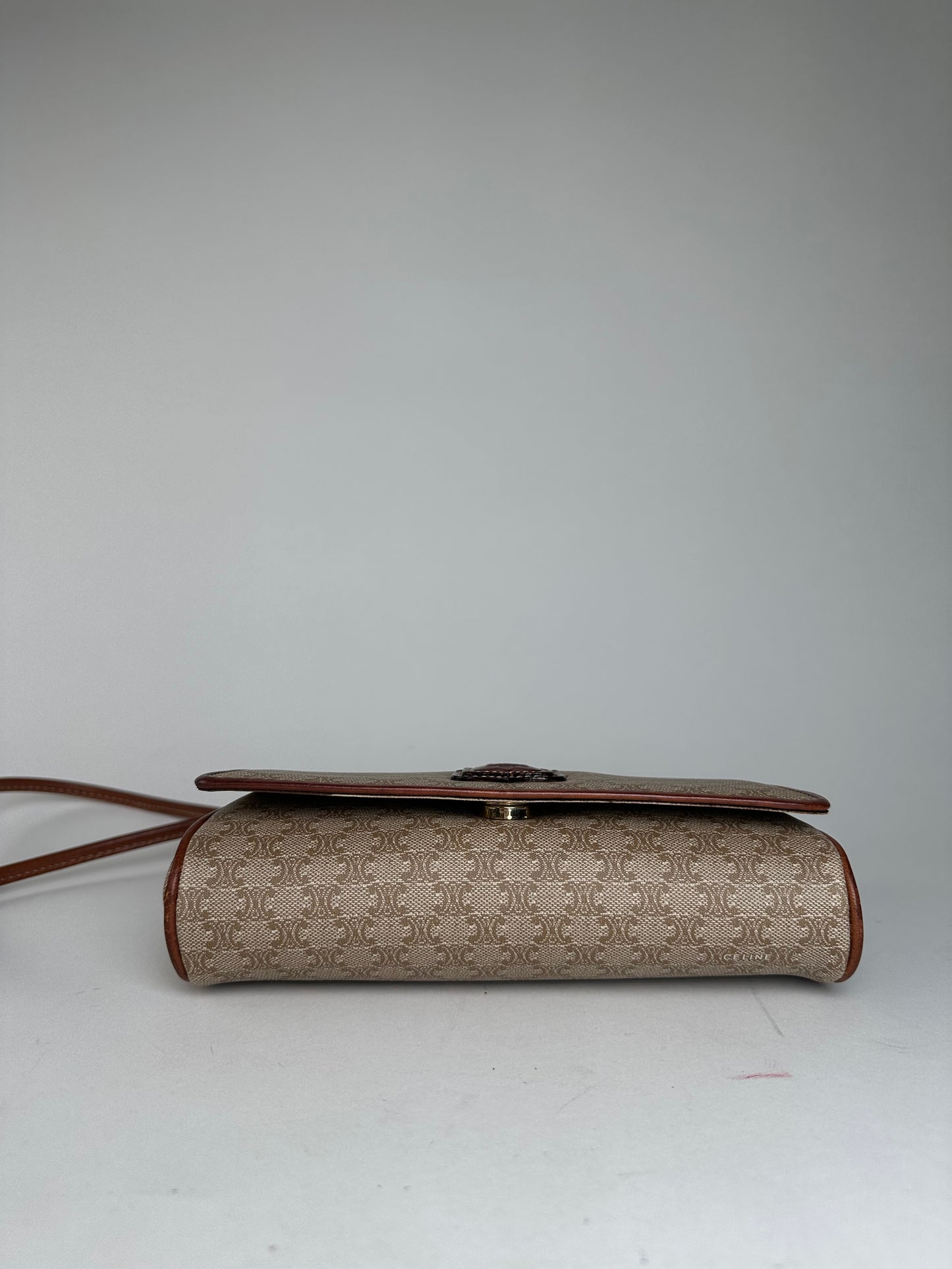 Vintage Celine Triomphe Monogram Coated Canvas Shoulder Bag Beige Tan