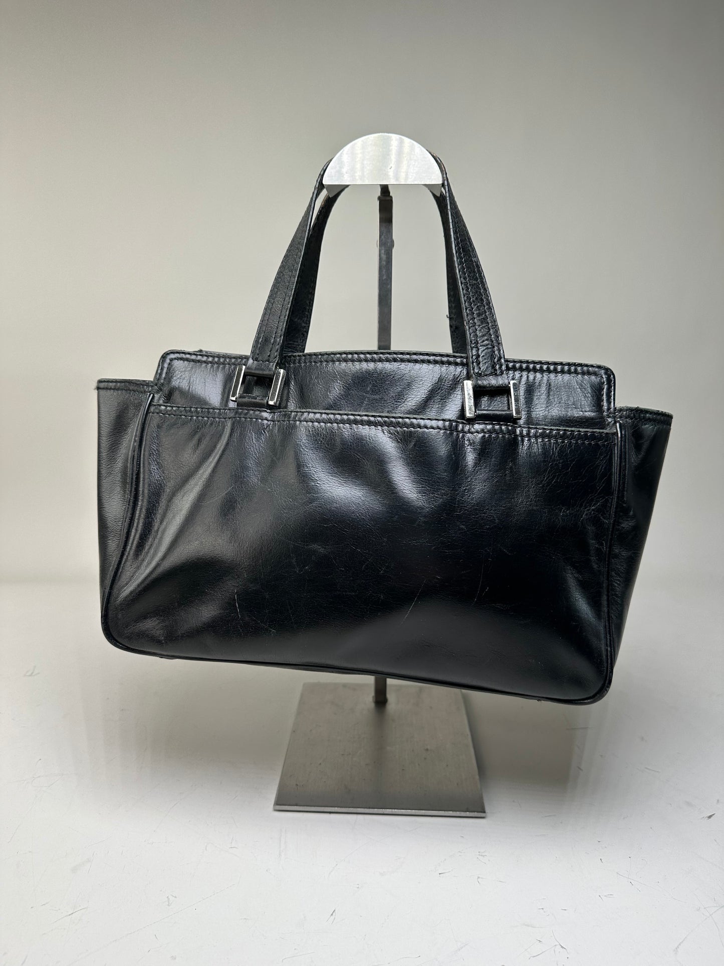 Vintage Givenchy Leather Tote Bag Black Silver
