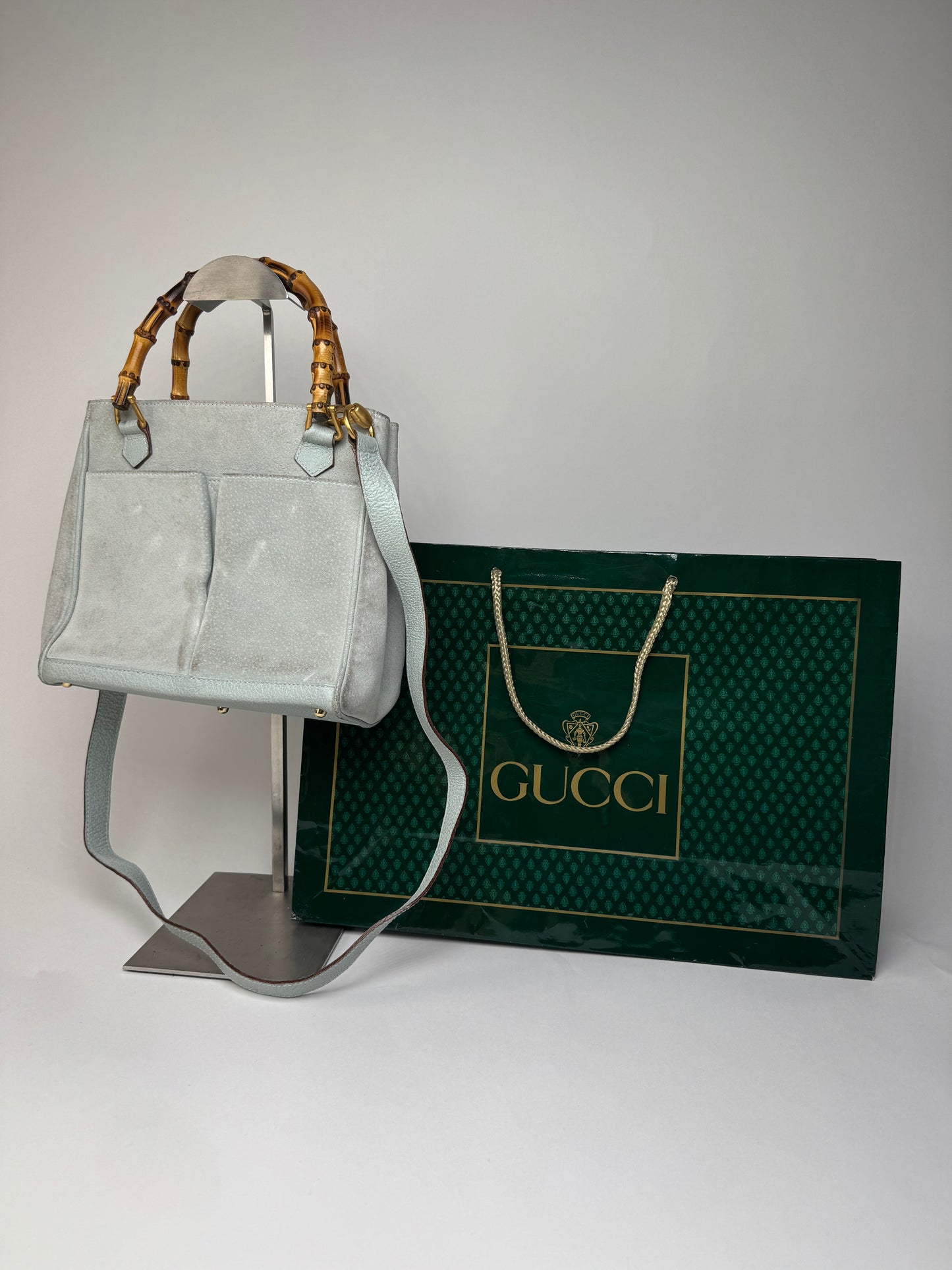 Vintage Gucci Suede 2Way Bamboo Handbag Light Blue