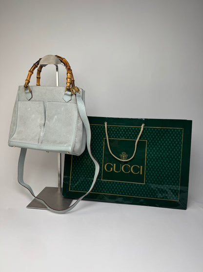 Vintage Gucci Suede 2Way Bamboo Handbag Light Blue
