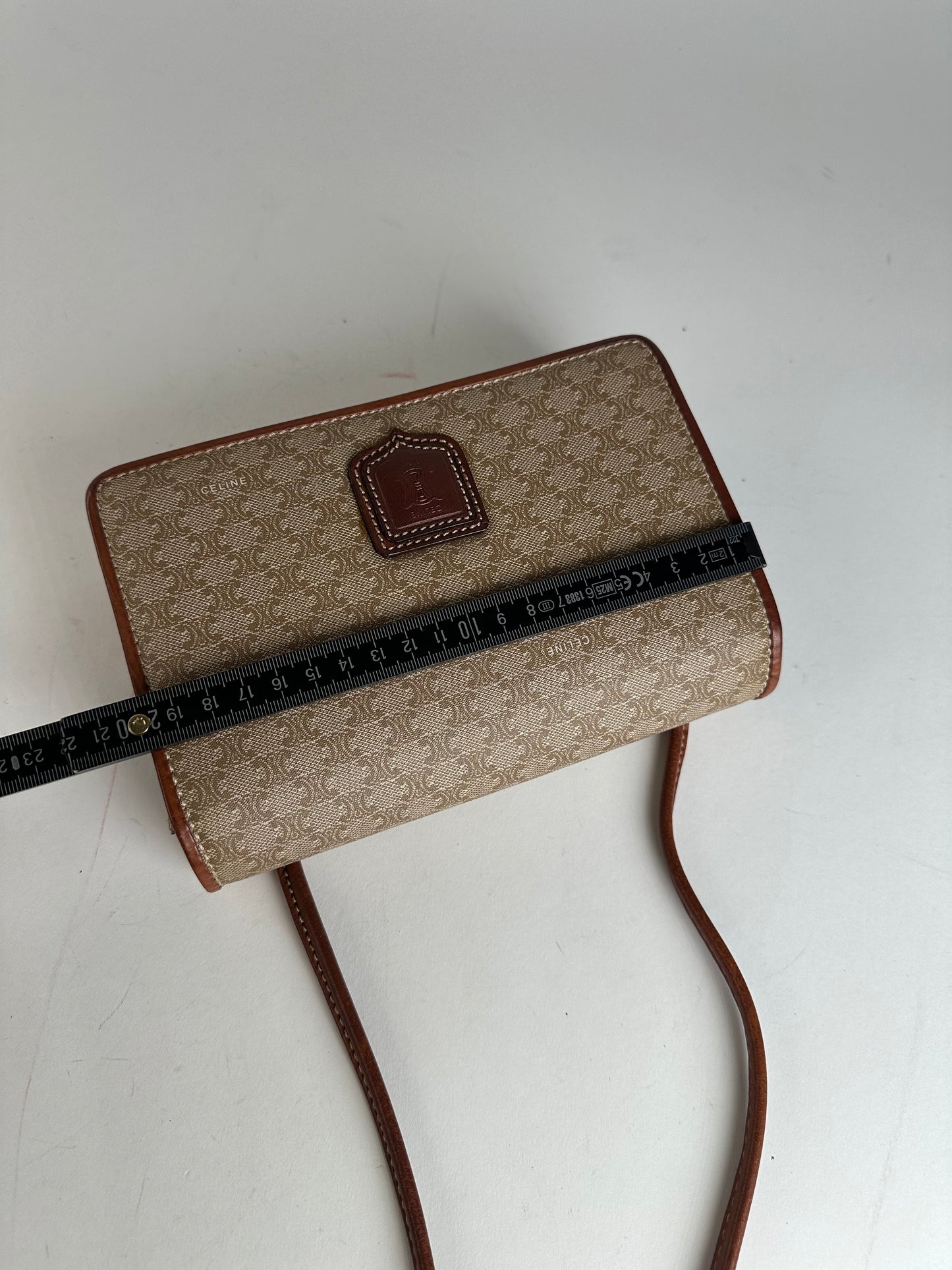 Vintage Celine Triomphe Monogram Coated Canvas Shoulder Bag Beige Tan