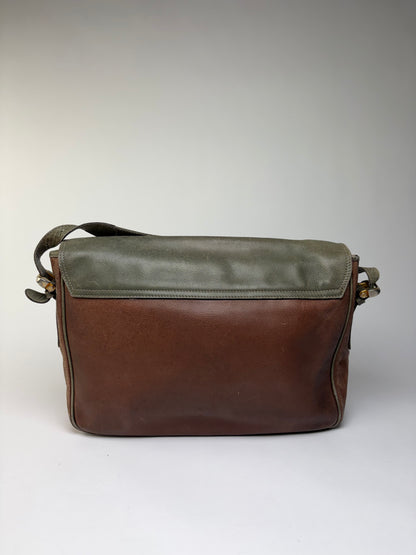 Vintage Loewe Grained Leather Flap Crossbody Bag Late 1980s Green Brown