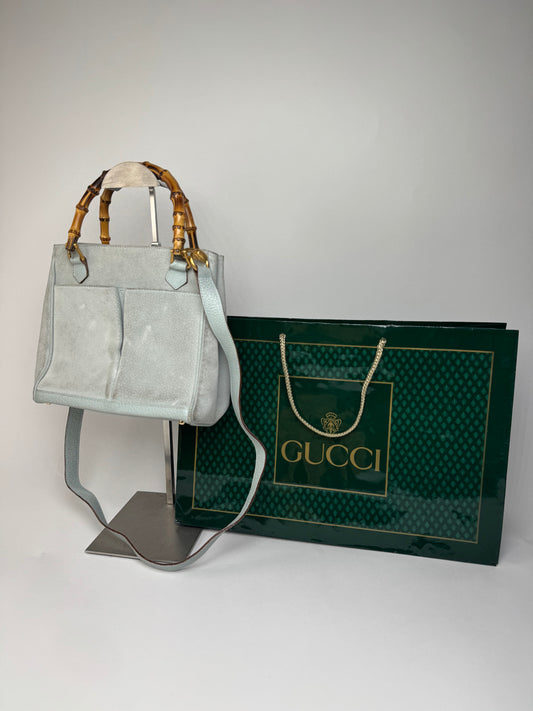 Vintage Gucci Suede 2Way Bamboo Handbag Light Blue