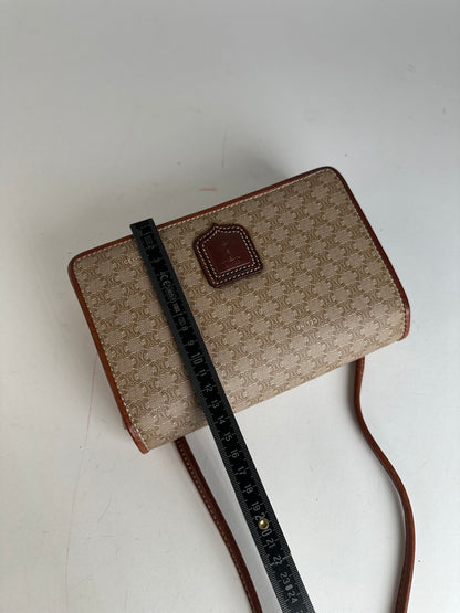 Vintage Celine Triomphe Monogram Coated Canvas Shoulder Bag Beige Tan