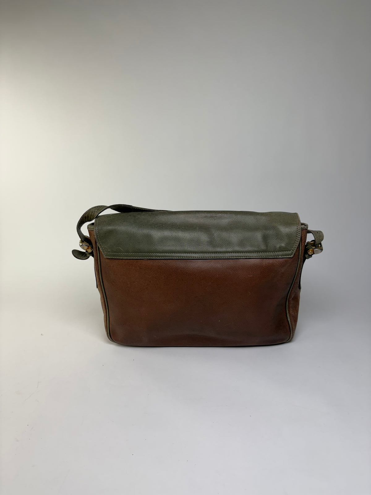 Vintage Loewe Grained Leather Flap Crossbody Bag Late 1980s Green Brown