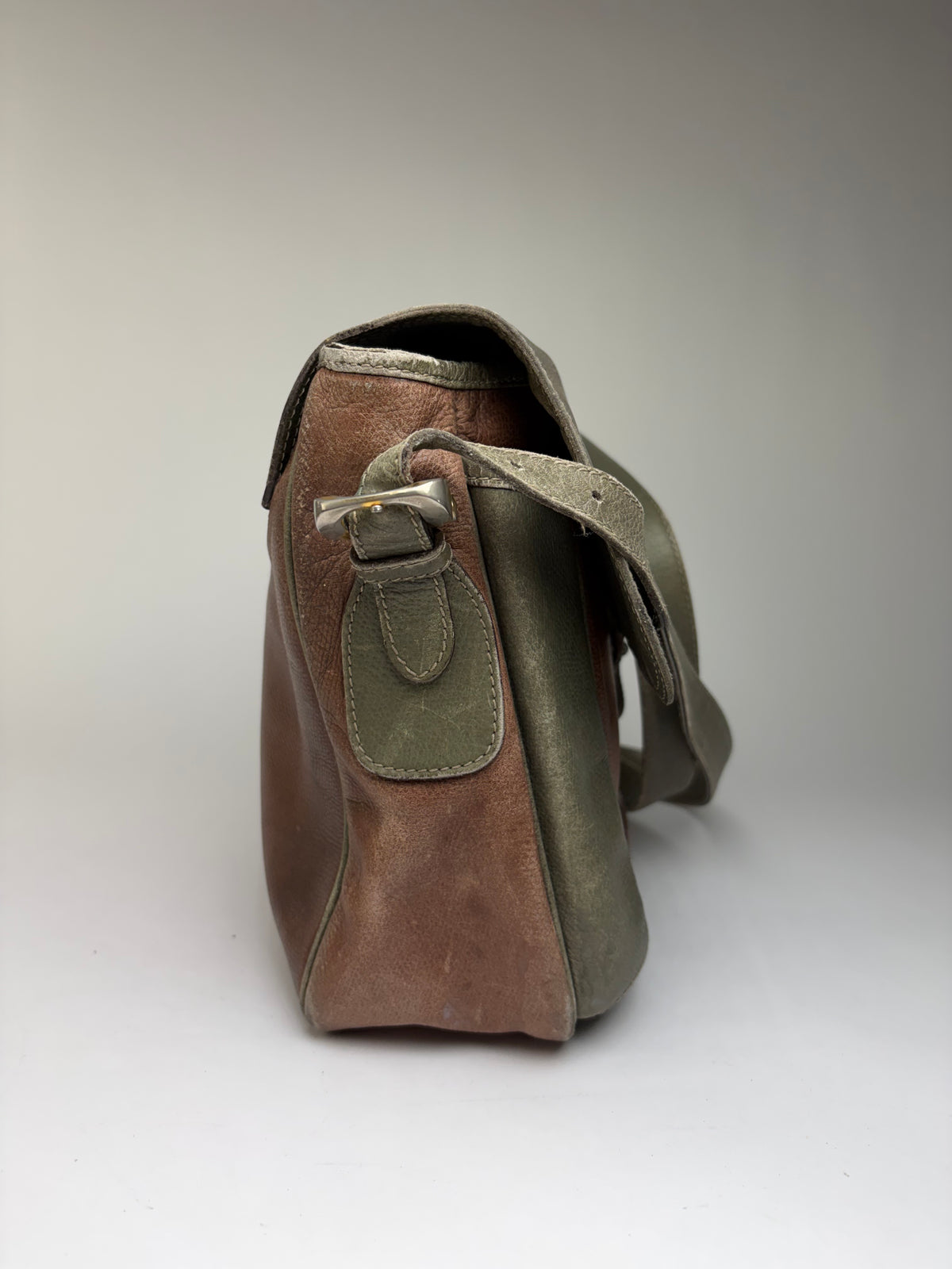 Vintage Loewe Grained Leather Flap Crossbody Bag Late 1980s Green Brown