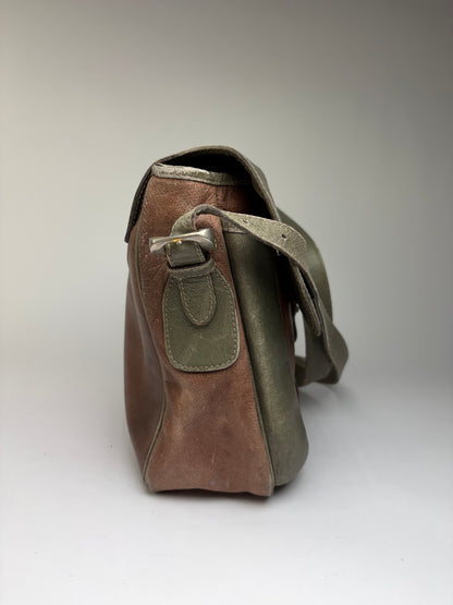 Vintage Loewe Grained Leather Flap Crossbody Bag Late 1980s Green Brown