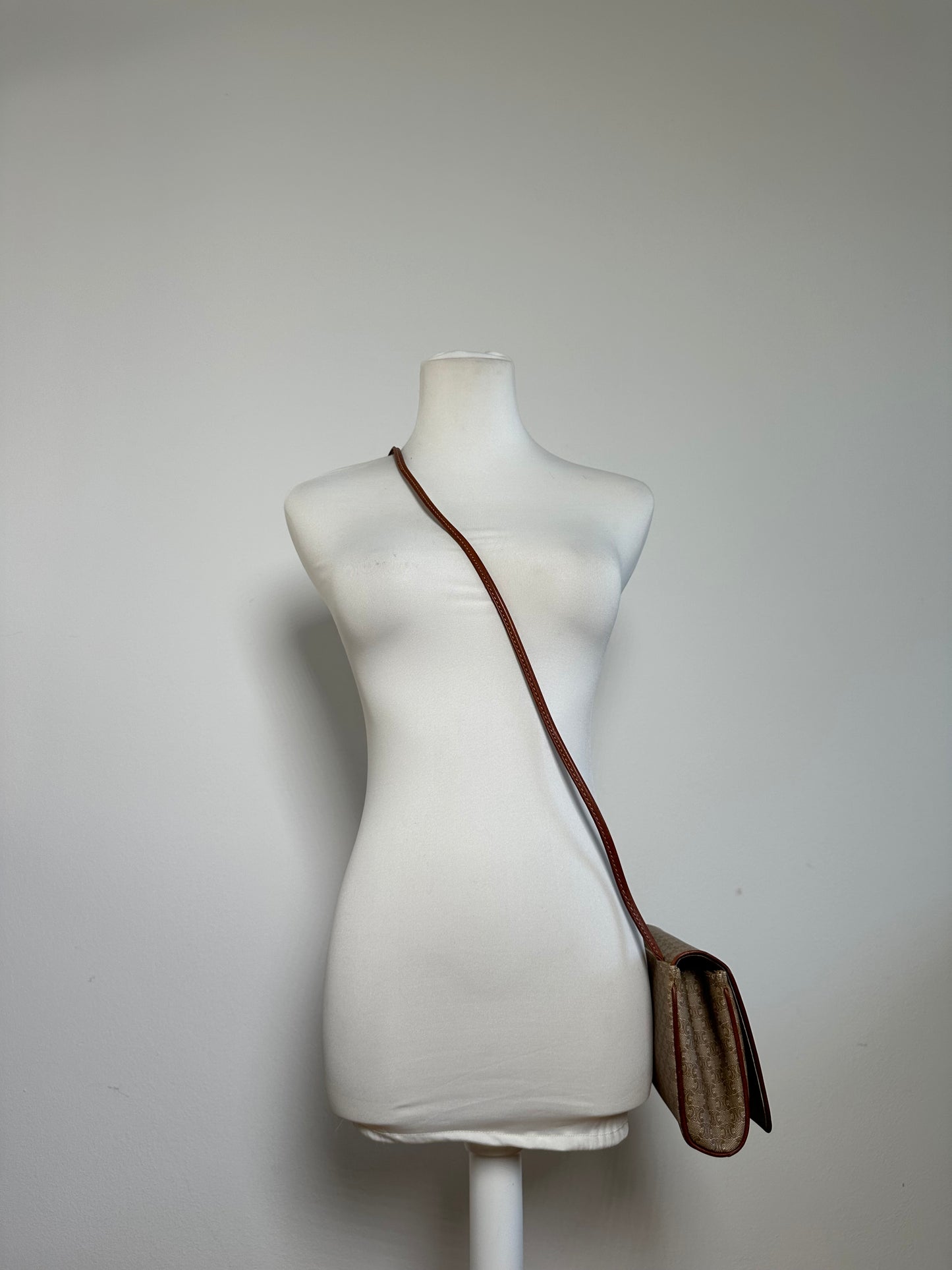 Vintage Celine Triomphe Monogram Coated Canvas Shoulder Bag Beige Tan