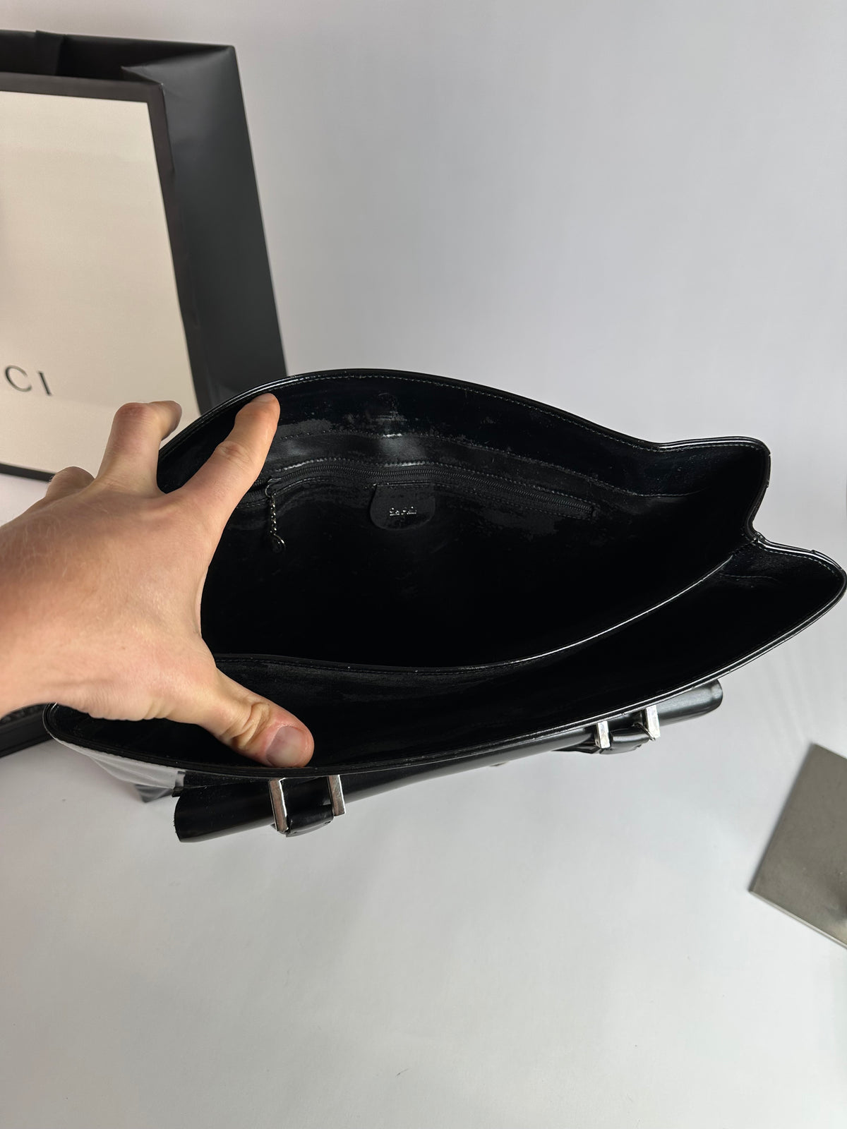 Vintage Gucci Patent Leather Tote Black Silver
