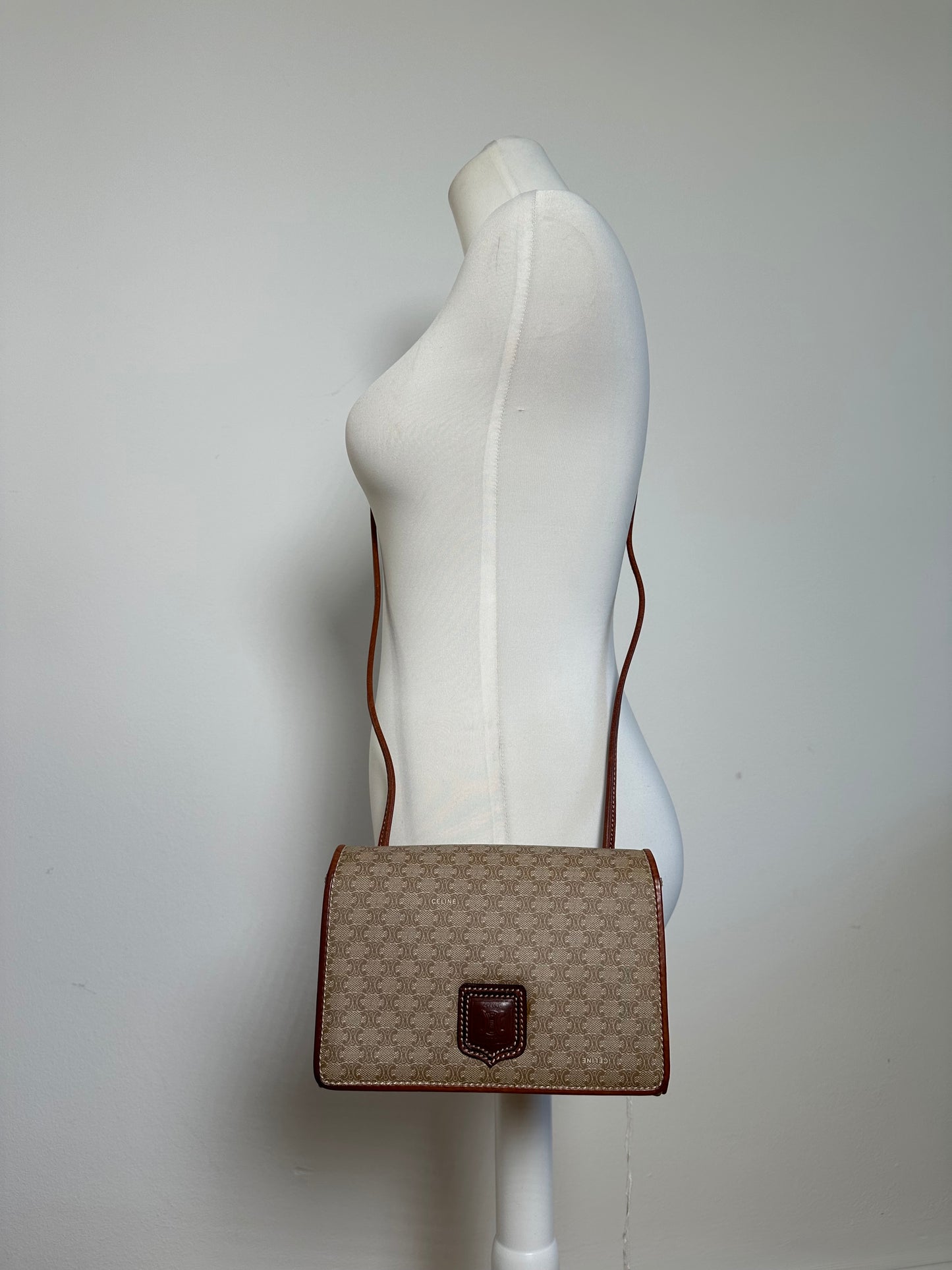 Vintage Celine Triomphe Monogram Coated Canvas Shoulder Bag Beige Tan