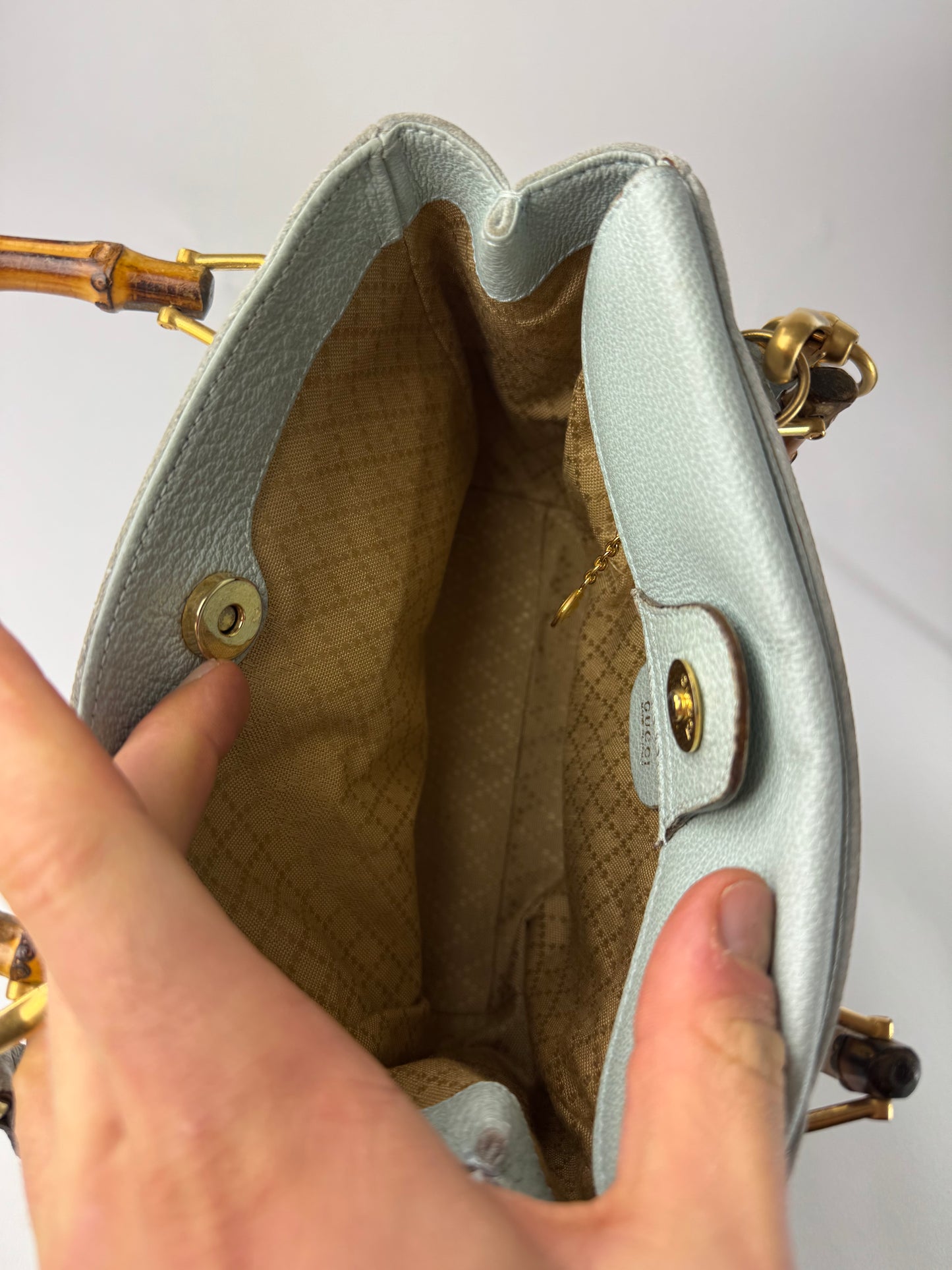 Vintage Gucci Suede 2Way Bamboo Handbag Light Blue