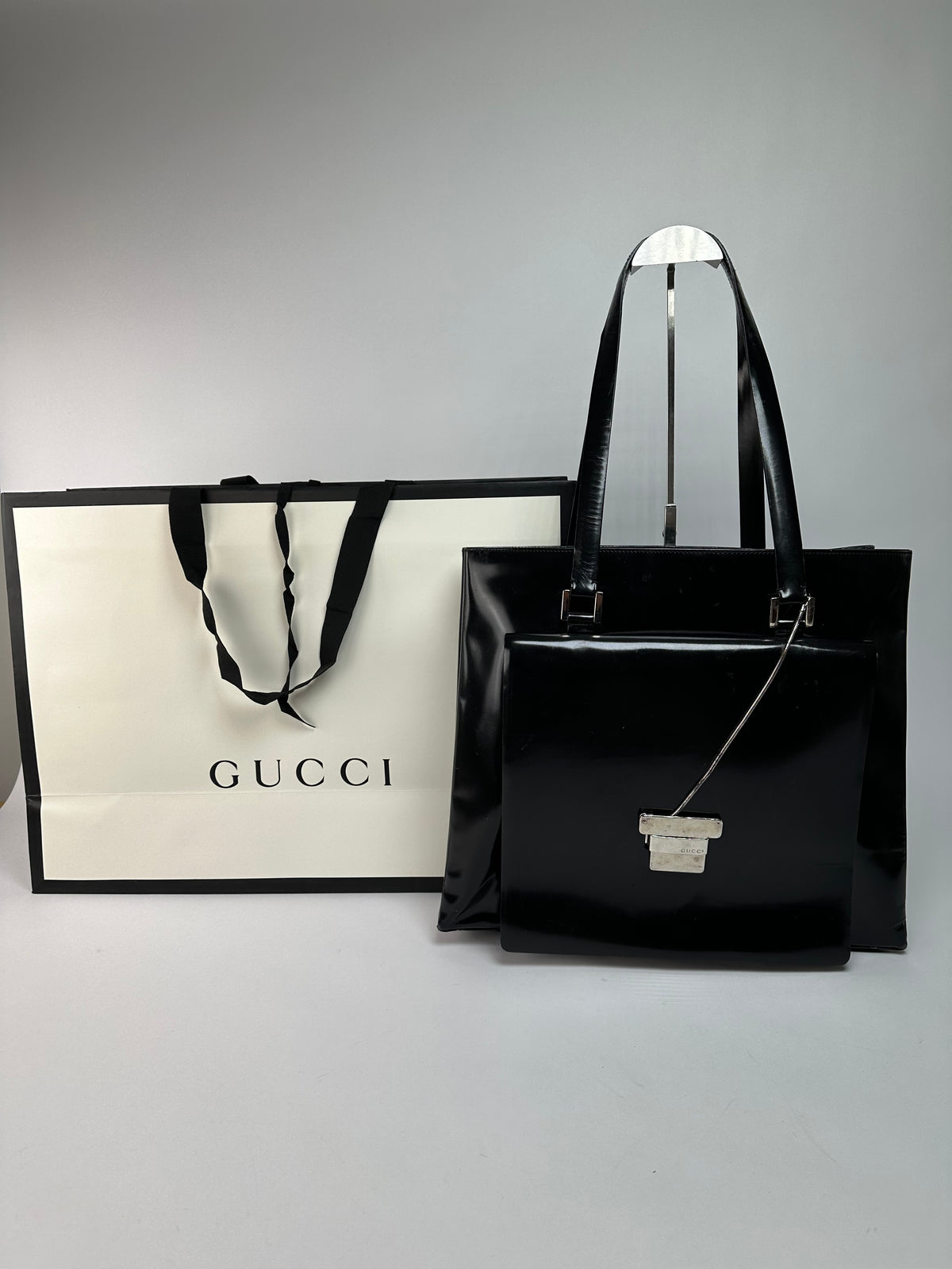 Vintage Gucci Patent Leather Tote Black Silver