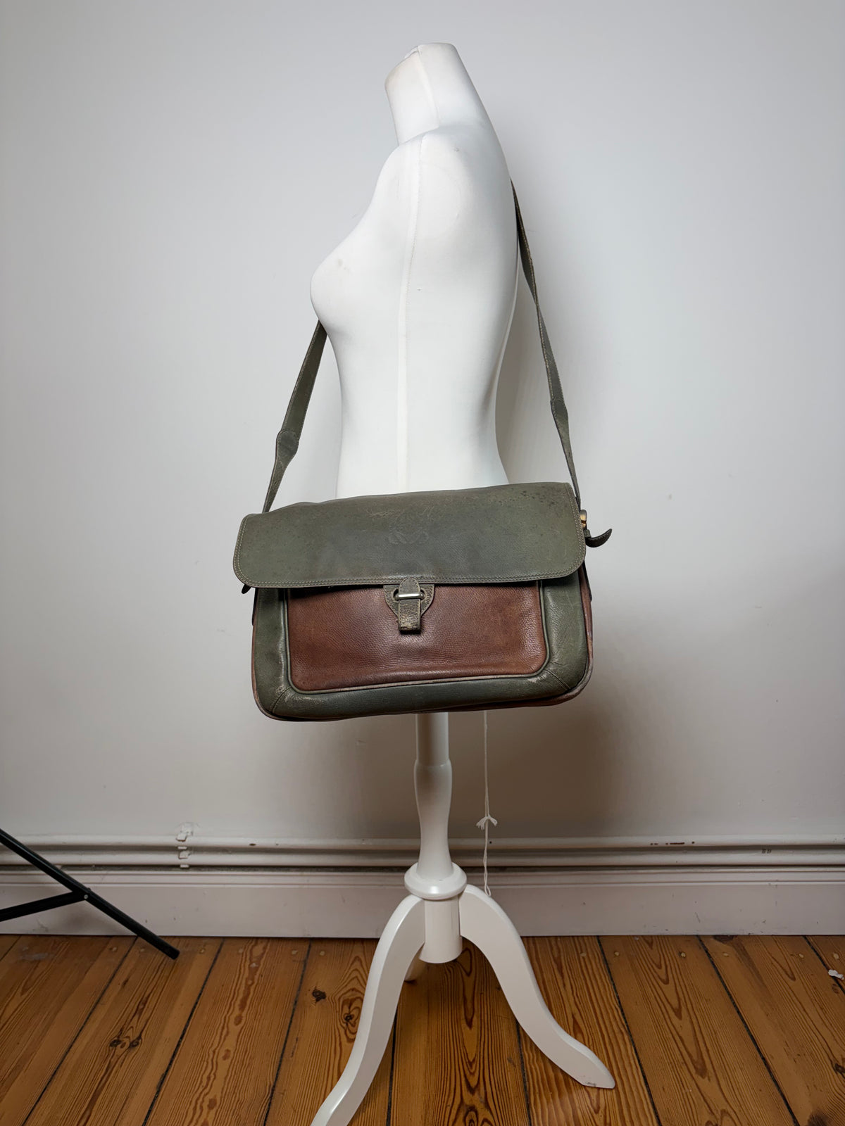Vintage Loewe Grained Leather Flap Crossbody Bag Late 1980s Green Brown