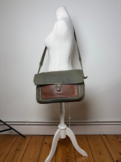 Vintage Loewe Grained Leather Flap Crossbody Bag Late 1980s Green Brown
