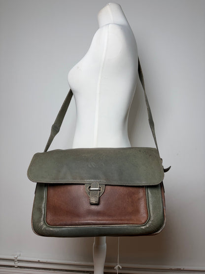 Vintage Loewe Grained Leather Flap Crossbody Bag Late 1980s Green Brown