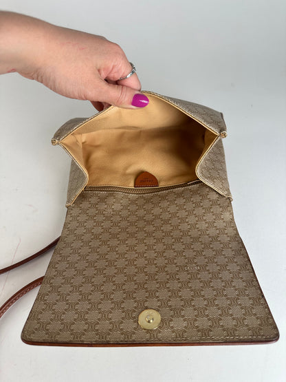 Vintage Celine Triomphe Monogram Coated Canvas Shoulder Bag Beige Tan