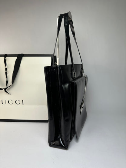 Vintage Gucci Patent Leather Tote Black Silver