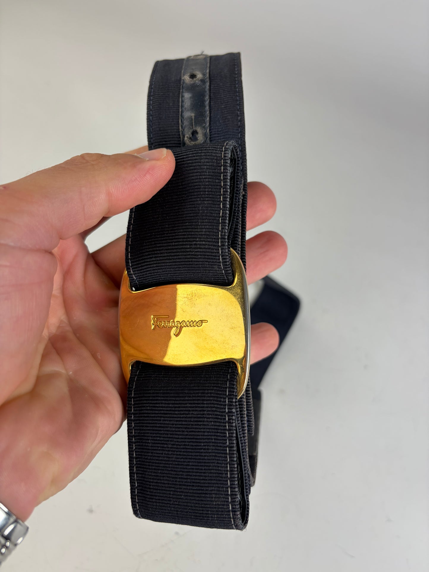 Vintage Ferragamo Fabric Leather Accent Belt Black Gold