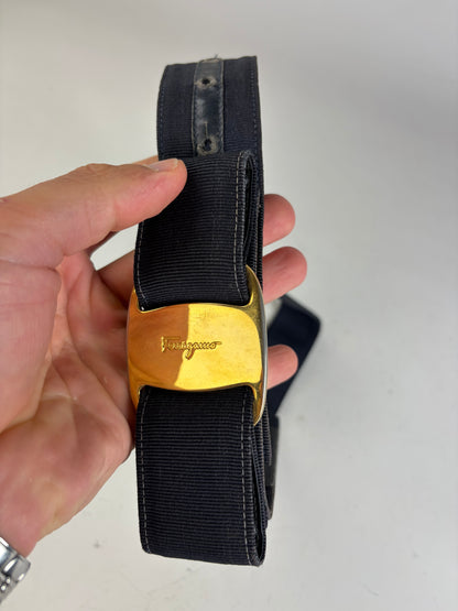 Vintage Ferragamo Fabric Leather Accent Belt Black Gold